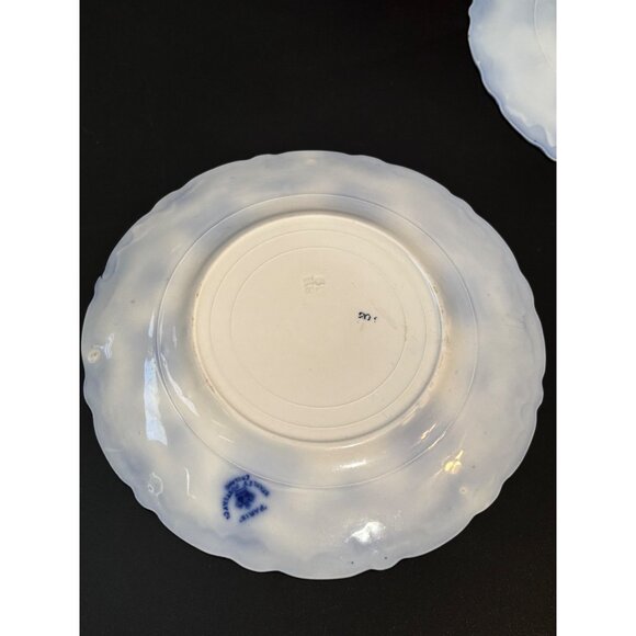 2 Antique Stanley Pottery Flow Blue Paris 9" Plates + Plate hangers New Wharf - Picture 15 of 16